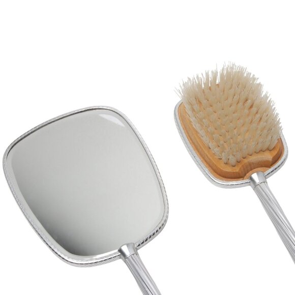 Vintage Vanity Dressing Table Brush Mirror Set England Metal Silver Wood - Picture 10 of 13